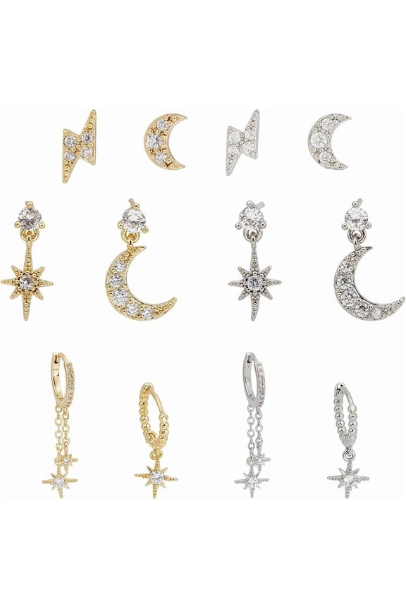 12pcs 18K Gold Plated Dainty Earring Sets Cubic Zirconia Earrings Star Dangle Earrings Gold Earrings for Women Multiple Piercing Huggie Dangle Hoop Asymmetrical Studs Jewelry