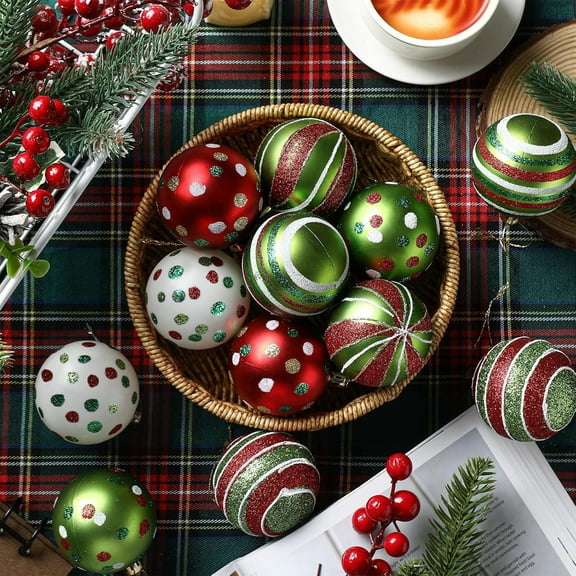 12pcs 2.36" Xmas Ball Ornaments - Shatterproof Plastic Christmas Tree Decoration Set in Classic Red and Green for Holiday Party Decor