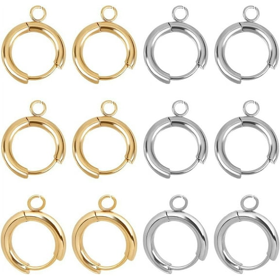 12pcs 2 Colors 15mm Diameter Real 24k Gold Plated 201 Stainless Steel Huggie Hoop Earring Findings with Loops Metal Leverback Round Ear Ring Clip Stud Earring Hook for Jewelry Making Colorful