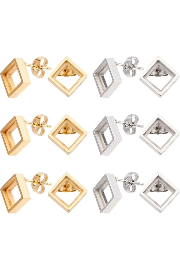 12pcs 2 Colors Rhombus Earring Studs Blank Stud Earring Bezel for Cubic Zirconia Diamond Rhinestone Frame Hollow Earrings Posts