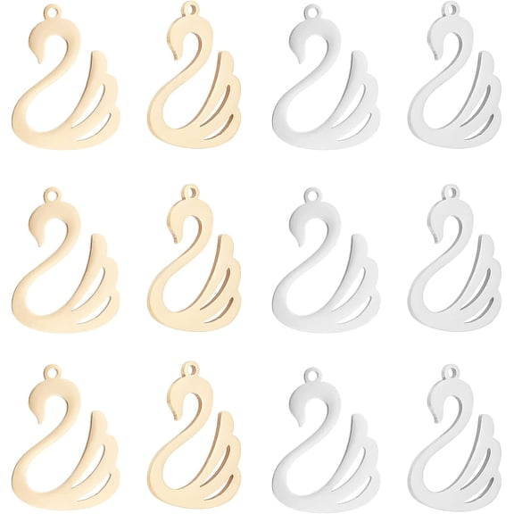 12pcs 2 Colors Swan Pattern Pendants 201 Stainless Steel Charms 1.5mm Small Hole Pendants