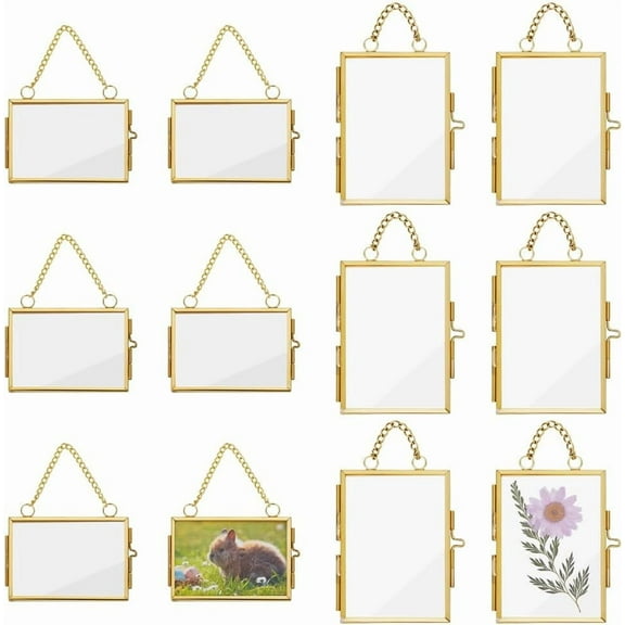 12pcs 2 Styles Mini Hanging Glass Frame Wall Hanging Photo Frames Rectangle Double Glass with Chain Brass Frame DIY Artwork Display Frames for Pressed Flowers Pictures Home Wall Gold DIY