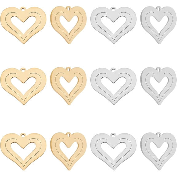 12pcs 2 colors Ion Plating(IP) 201 Stainless Steel Pendants Cut Heart Golden & Stainless Steel color 17.5x20.5x1mm Hole: 1.4mm 6pcs/color