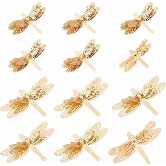 12pcs 2 styles Brass Filigree Joiners Links with Crystal Rhinestone Dragonfly Light golden 24.5~34x36~51x6~8.5mm Hole: 1~1.5mm 6pcs/style