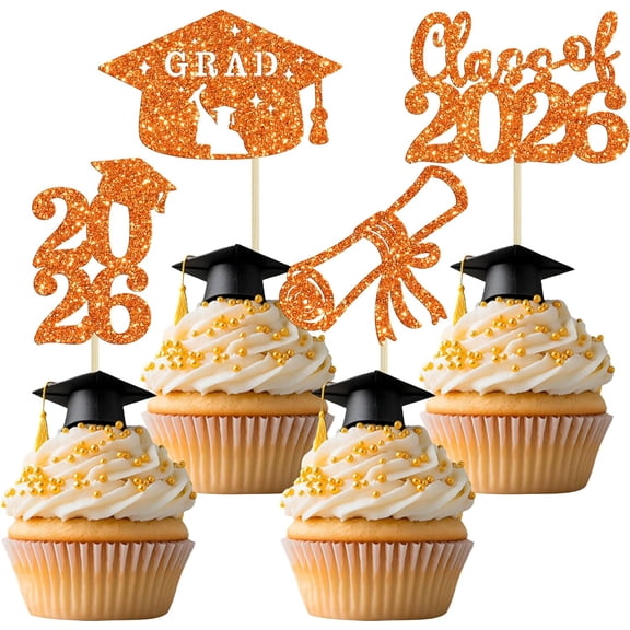 12pcs 2026 Graduation Cupcake Toppers, Orange Glitter Class of 2026/Grad Cap Cupcake Picks for Graduation Party Decorations
