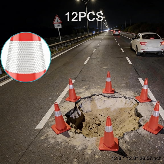12pcs 28in PVC Material Safety Cones, High-Intensity Reflectivity Traffic Cones for Road Control, Parking Lot & Driving Training