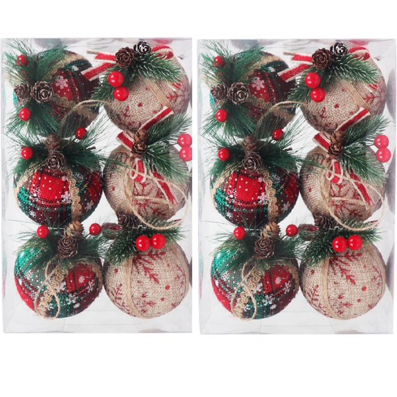 12pcs,3.14" Buffalo Plaid Ball Ornaments, Farmhouse Buffalo Plaid Fabric Ball with Pinecones & Greenery, Black & Red Burlap Foam Ball Hanging Decorations for Xmas Tree New Year Party