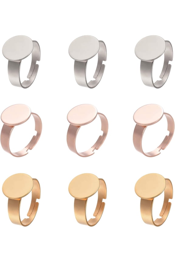 12pcs 3 Colors 12mm Tray Adjustable Finger Rings Stainless Steel Finger Rings Components Pad Ring Base Findings Flat Round Ring Blanks Kits