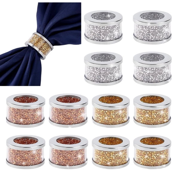 12pcs 3 Colors Napkin Holder Metal Napkin Rings Bling Dinner Table Rings Diamond Table Settings Serviette Buckles Cloth Holder for Wedding Family Gathering Christmas Party Colorful