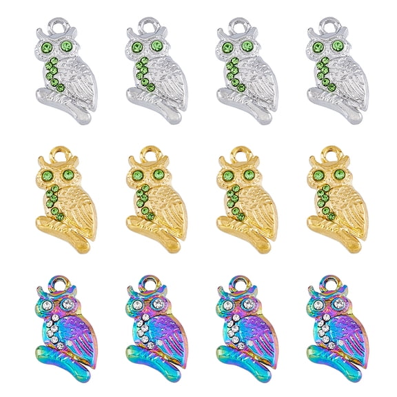 12pcs 3 Colors Rhinestone Owl Shinny Charms 304 Stainless Steel Flat Small Birds Pendants Cute Animal Dangle Ornament Findings