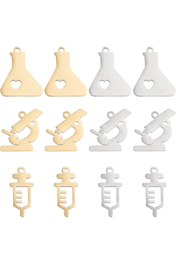 12pcs 3 Styles 201 Stainless Steel Pendants Experimental Theme Pendants Golden & Stainless Steel Color Beaker Charms 1.4mm Hole Microscope Dangle Charms for DIY Jewelry MakingMixed Color