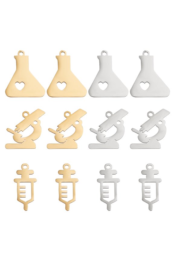 12pcs 3 Styles 201 Stainless Steel Pendants Experimental Theme Pendants Golden Stainless Steel Color Beaker Charms 1.4mm Hole Microscope Dangle