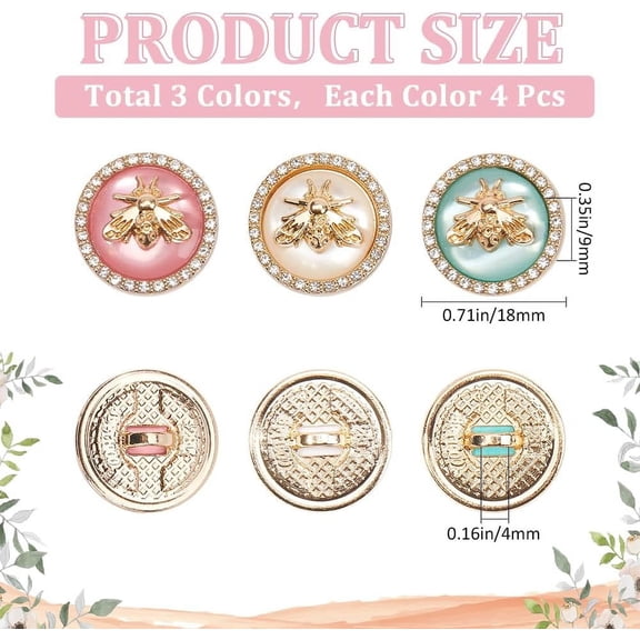 12pcs 3 colors 1-Hole Zinc Alloy Shank Buttons with Rhinestone & Resin Golden Flat Round with Bees Mixed color 18x9mm Hole: 4x2.5mm 4pcs/color