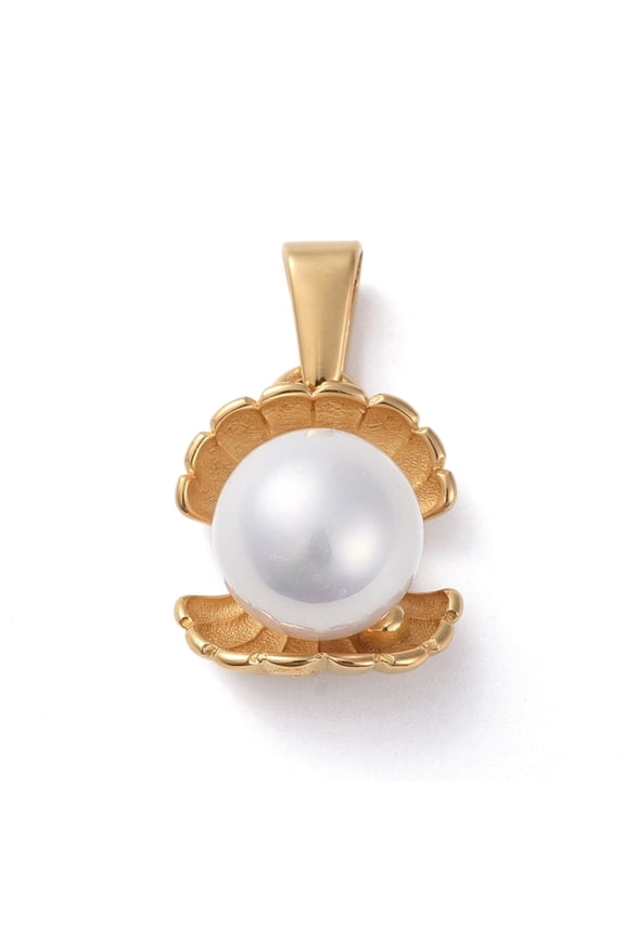 12pcs 304 Stainless Steel Pendants with Shell Pearl Clamshell Shape Golden 17x14x12mm Hole: 8x3mm