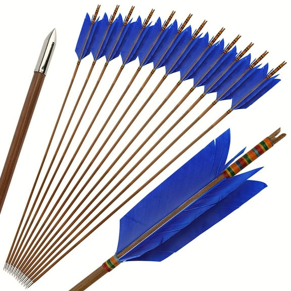 12pcs 33 Inch 4-foot Bamboo Arrows For Outdoor Shooting, Long Haired Arrows, Traditional Recurve Bow Arrows