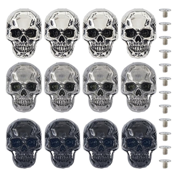 12pcs 3Colors Alloy Skull Stud Rivet Skull Conchos Screw Back Leather Crafting Skull for Punk DIY Craft Decoration