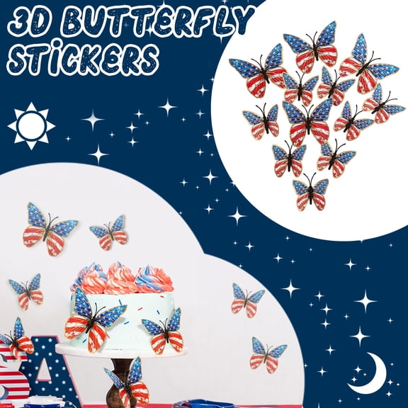 12pcs 3D Butterfly Patriotic Window Clings for 4th of July Memorial Day Double-Sided Watercolor USA Star Firework Decals for Home Office Party Decor,C