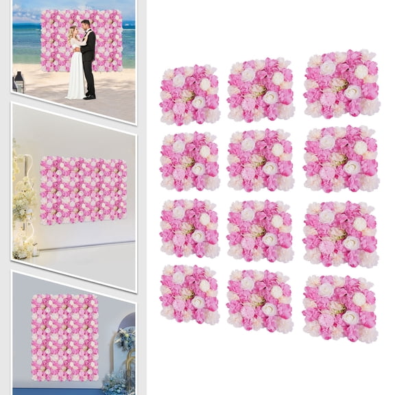 12pcs 3D Flower Wall Panels Pink, Artificial Flower Wall Wedding Background Silk Rose Mat 15*15"