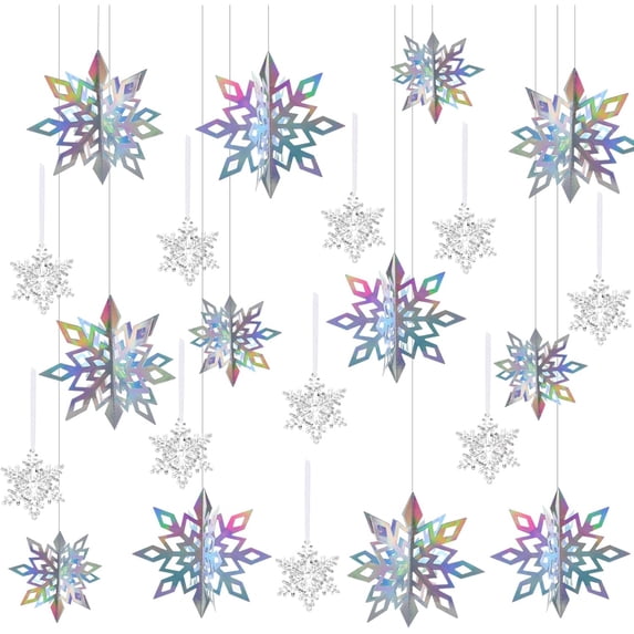 12pcs 3D Iridescent Paper Snowflakes Holographic Garland Hanging Decorations and 10pcs Acrylic Xmas Snow Flakes Ornaments for Winter Wonderland Frozen Christmas Birthday Party Supplies
