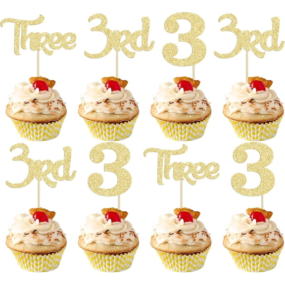12pcs 3rd Birthday Cupcake Toppers, Gold Glitter Three/3/3rd Cupcake Picks for Girls 3rd Birthday Party Decorations