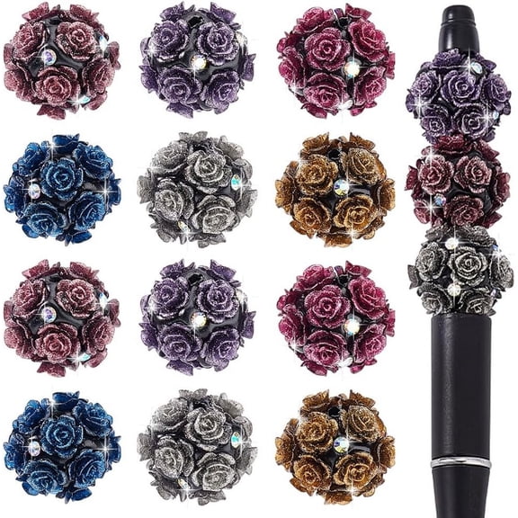12pcs 6 Colors 20mm Flower Clay Beads with Rhinestone Glitter Rose Beads 20mm Craft Beads Bulk for Jewelry Making Pen Decorations Punk Style Halloweeen Chritmas diy