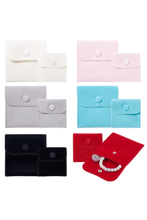 12pcs 6 Colors Jewelry Pouch Gift Bag Velvet Pouch Bag Ring Pouches Envelope Square Favor Bags with Snap