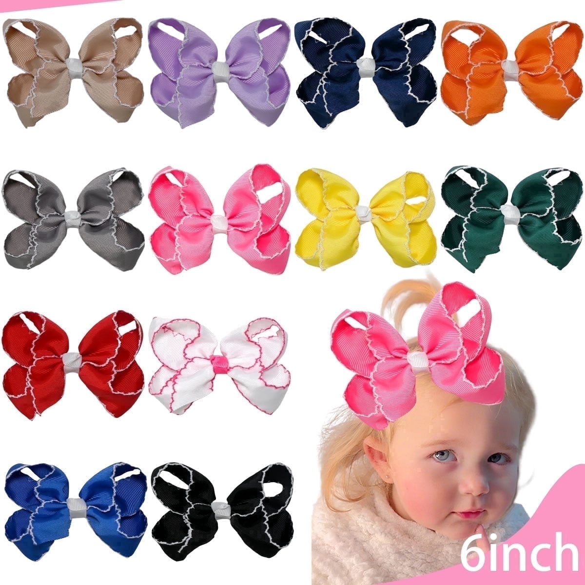 12pcs 6 Inch Red Ruffled Hair Bows for Girls Toddlers, Satin Ribbon Hair Clips for Kids Party Daily Hairstyles