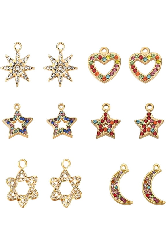 12pcs 6 Styles Alloy Rhinestone Pendants Golden Eight Pointed Sun Moon Star Charms Rhinestone Planet Starry Charms Dangle Pendants