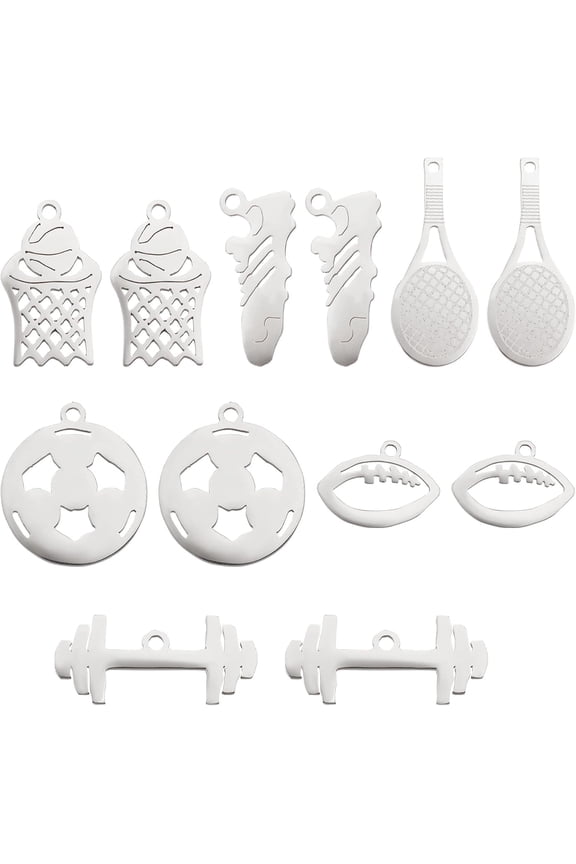 12pcs 6 Styles Charms Pendants 201 Stainless Steel Sport Theme Metal Pendants Basketball/Football/Rugby Charms 1.4mm Hole Dangle Charms