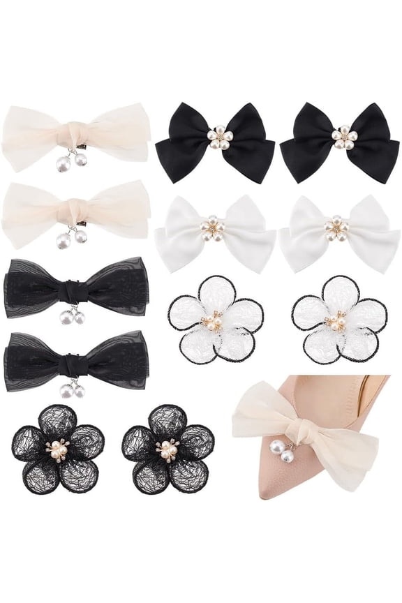 12pcs 6 Styles Shoe Clips Pearls Shoe Buckle Flower Decorative Shoe Clips Bowknot Removable Shoe Charms for Women Dress Flats Shoe Accessories Wedding Party White/Black diy