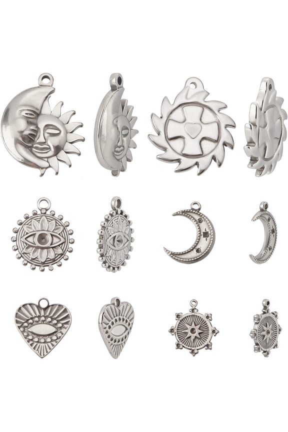 12pcs 6 Styles Stainless Steel Sun with Moon Pendants Rhinestone Cabochons Pendants Evil Eye Charms Mixed Style Pendants for Jewelry Making