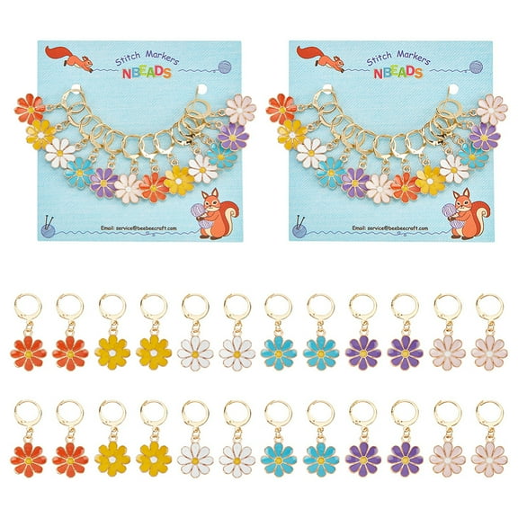12pcs 6 colors Alloy Enamel Daisy Flower Charms Locking Stitch Markers with golden Tone 304 Stainless Steel Leverback Earring Findings Mixed color 3.5cm 2pcs/color