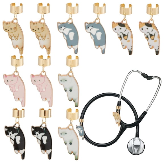 12pcs 6 styles Cat Alloy Enamel Stethoscope Pendant Decorations with 304 Stainless Steel Findings Golden Mixed color 42mm 2pcs/style