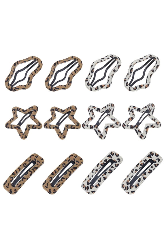 12pcs 6 styles Cloth Snap Hair Clips with Alloy Leopard Mixed Shapes 52.5~72x23.5~56x2.5mm 2pcs/style