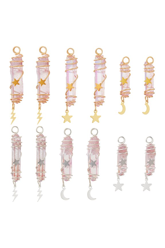 12pcs 6 styles Electroplated Natural Quartz Pointed Copper Wire Wrapped Pendants with Brass & 304 Stainless Steel Star Lightning Moon Pink Golden & Silver 44.5~54x10~11x11~13mm Hole: 4mm 2pcs/style