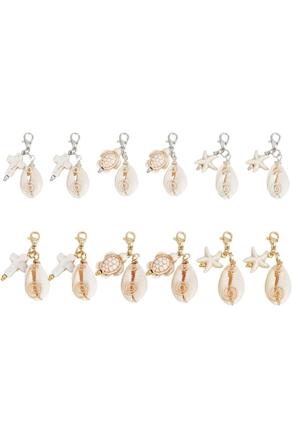12pcs 6 styles Natural Mixed Cowrie Shell Pendant Decorations Lobster Claw Clasp and Synthetic Turquoise Starfish Cross Turtle Charms for bag Ornaments Platinum & Golden 43~45.5mm 2pcs/style