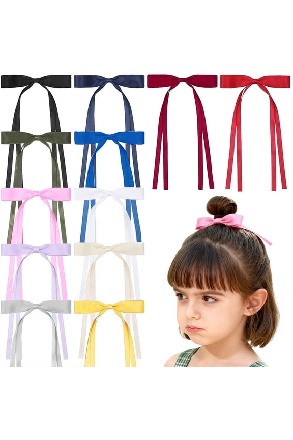 12pcs 6inch Satin Ribbon Hair Bows for Girls - 12 Pack Assorted Colors Long Tail Hair Bows Clips, Elegant Hair Accessories for Women Girls, Perfect for Daily Wear, Party, Wedding