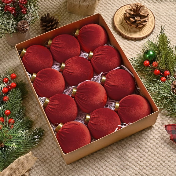 12pcs 8cm Velvet Flocked Christmas Balls - Soft Fade-Resistant Plastic Hanging Ornaments, Colorful Textured Xmas Balls with Secure Strings for Tree, Wreaths, Mantel & Party Accents, E, Red