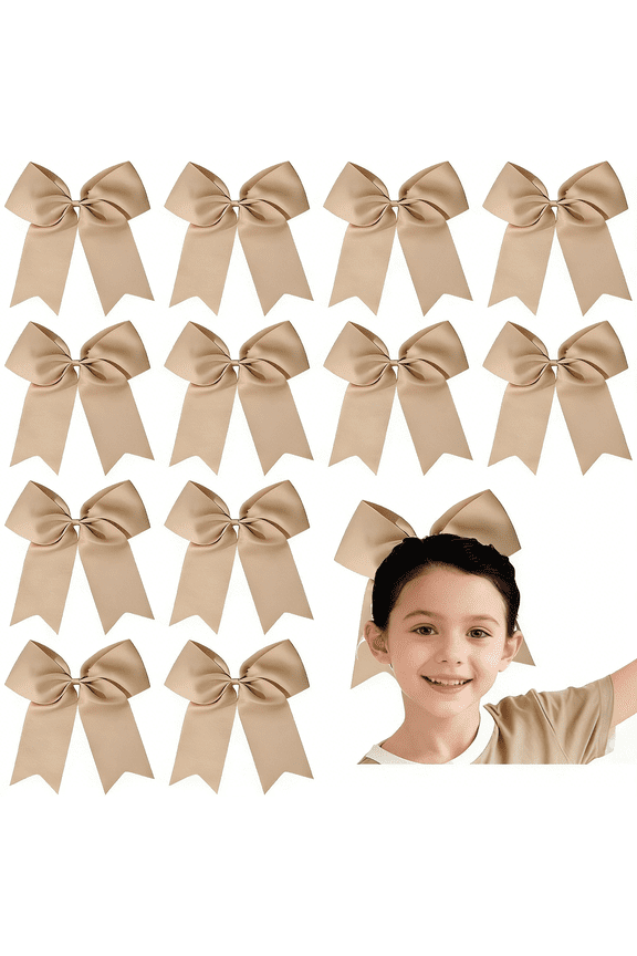 12pcs 8inch Large Beige Cheer Hair Bows for Girls - 12 Pack Satin Hair Bows Clips, Cute Hair Accessories for Toddlers Kids Teens, Perfect for Cheerleading, School, Party, Casual Wear