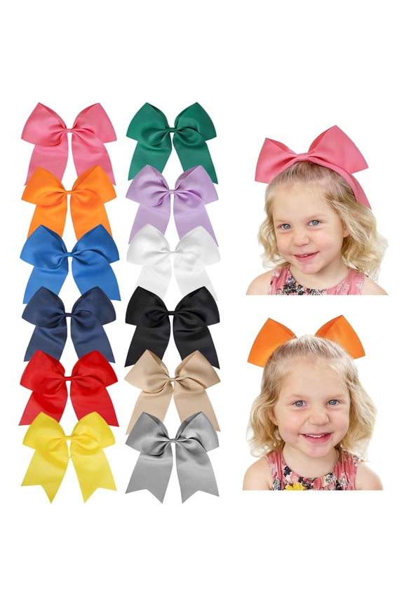 12pcs 8inch Large Cheer Hair Bows for Girls - 12 Pack Assorted Colors Satin Hair Bows Clips, Cute Hair Accessories for Toddlers Kids Teens, Perfect for Cheerleading, School, Party