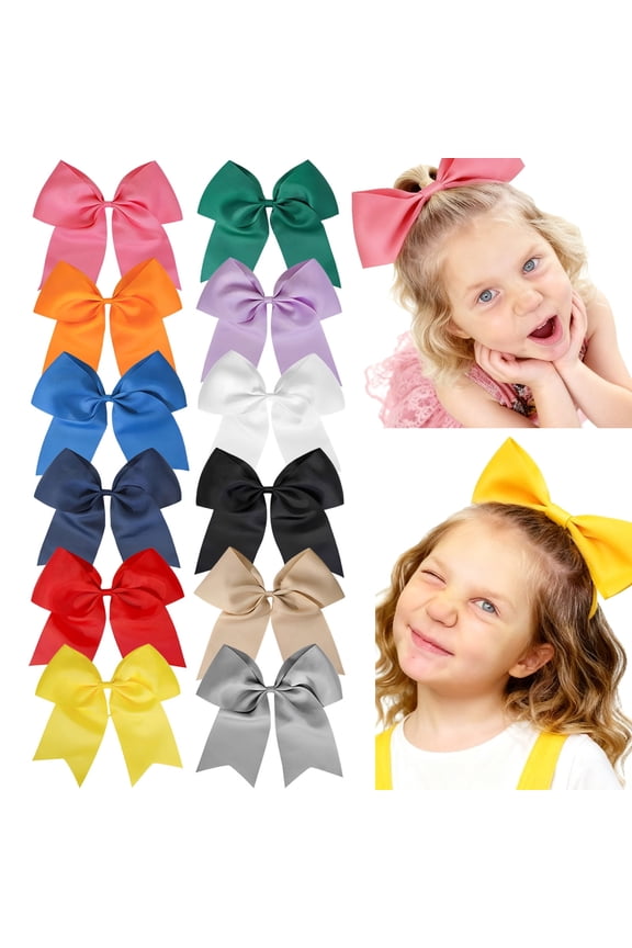 12pcs 8inch Large Cheer Hair Bows for Girls - 12 Pack Assorted Colors Satin Hair Bows Clips, Cute Hair Accessories for Toddlers Kids Teens, Perfect for Cheerleading, School, Party
