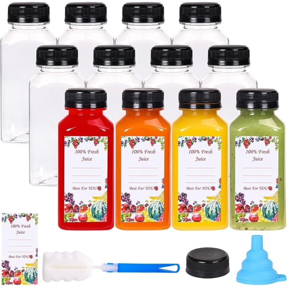 12pcs 8oz Plastic Juice Bottles with Caps, Reusable Clear Juice Containers with Labels, Funnel and Brush for Juicing, Smoothie, Milk