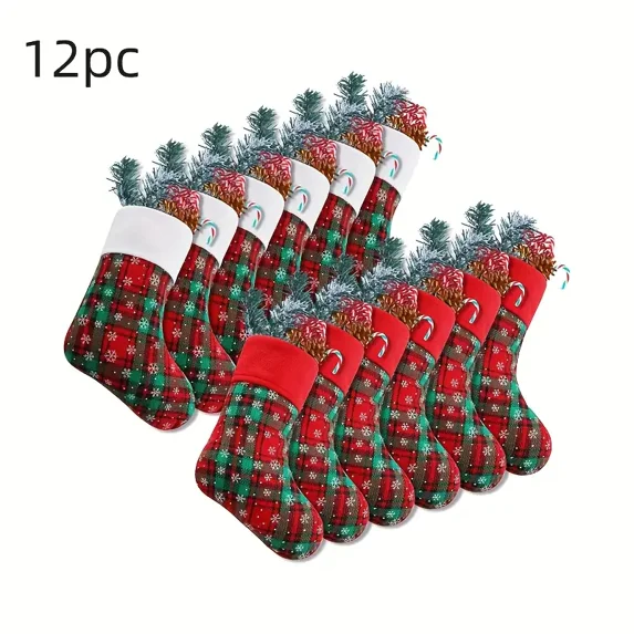 12pcs, 9 Inch Christmas Mini Stockings Plaid, Snowflake Christmas Stockings Christmas Hanging Stockings, Scene Decor, Festivals Decor, Room Decor, Home Decor, Offices Decor, Theme Party Decor