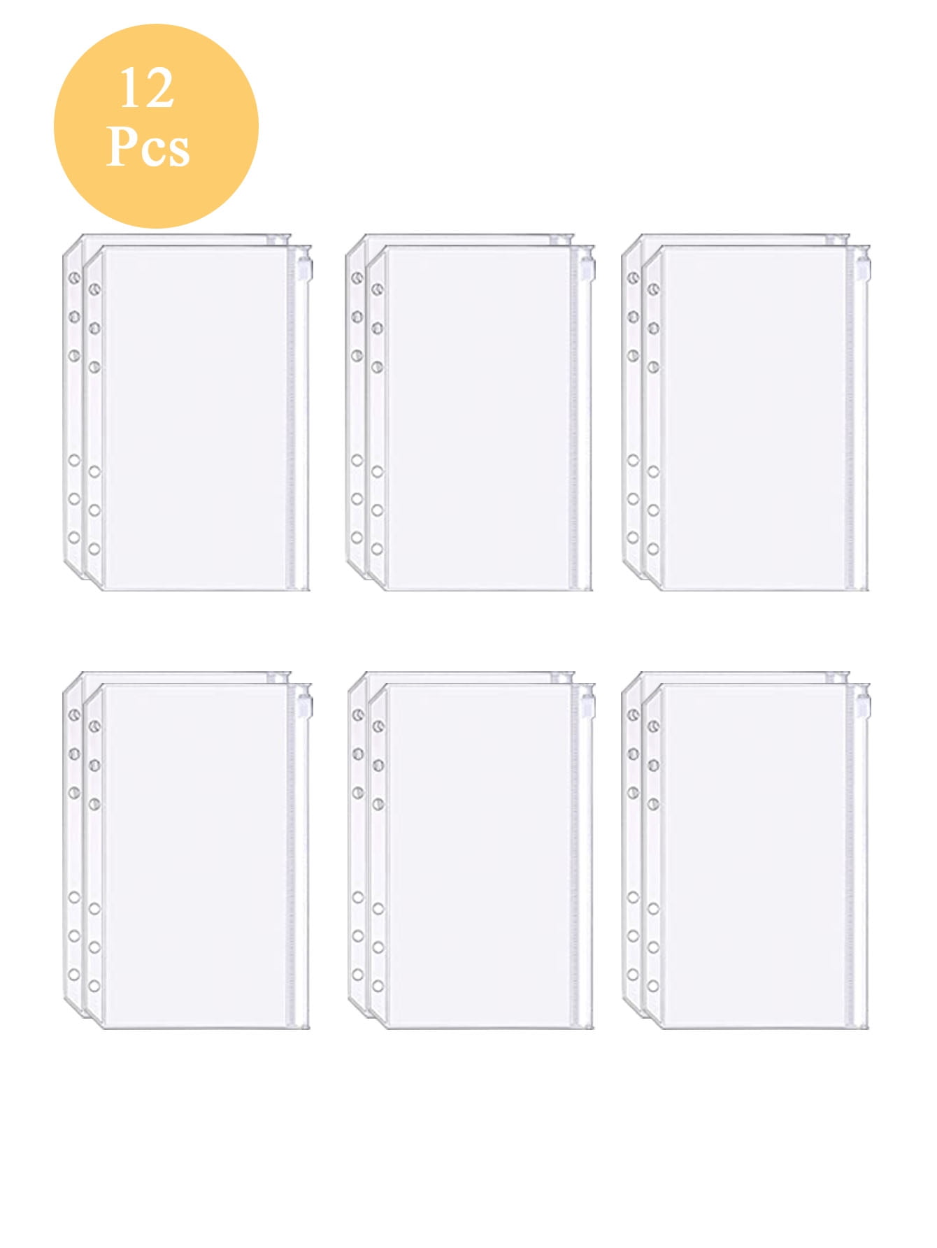 12pcs A6 Binder Pockets, 6 Holes Clear Zipper Folders Loose Leaf Bags