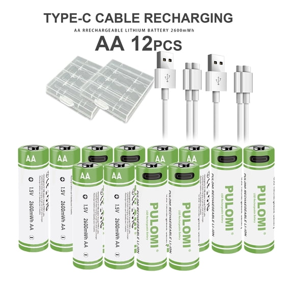 12pcs AA Battery AA Rechargeable Batteries, USB/Type-C High Capacity 1.5V 1733mAh 2600mWh Rechargeable Battery, Fast Charge Long Lasting Cycle Times up to 1200x With Type-C Port Charging Cable
