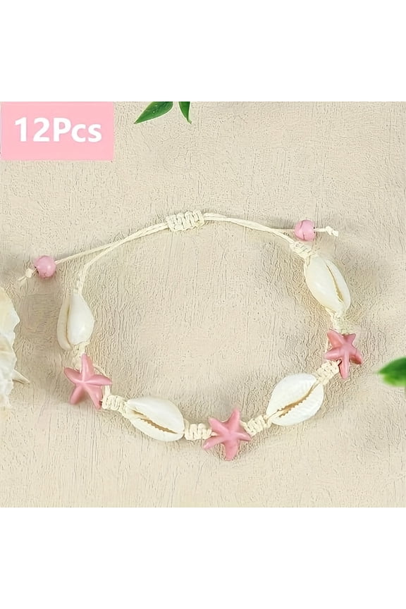 12pcs Adjustable Beach Bracelets for Women-Tropical Hawaiian Bracelets for Women, Cotton Braided Starfish Bracelet, Seashell Bracelet, Summer Surf Hand Ropes, Great Gifts for Women