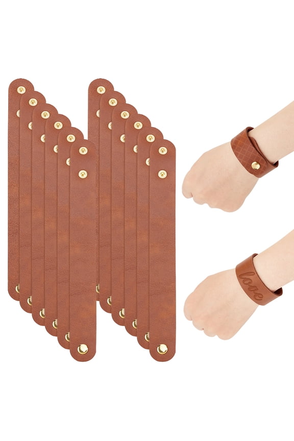 12pcs Adjustable PU Leather Bracelets 8.6x1 Inch Blank PU Leather Snap Bracelets Blank PU Leather Cuff Bracelet Wristband Brown For Christmas Halloween Gift