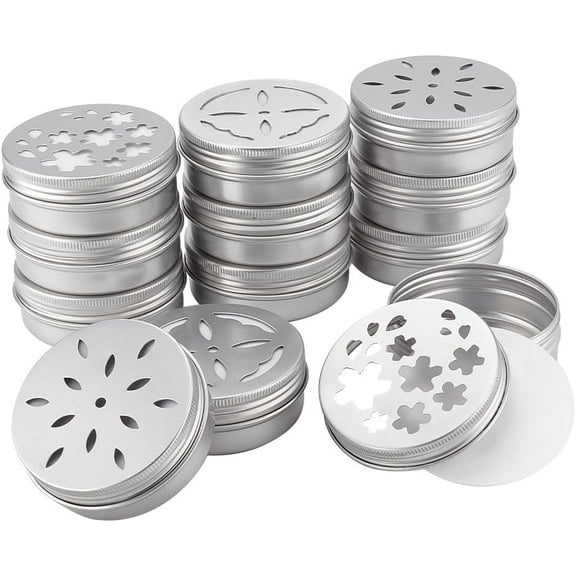 12pcs Air Freshener Tins 3 Style Scent Beads Container 2 Ounce Aluminium Metal Container Empty Storage Tins with Hollow Lids for Aromatherapy Air Freshener Travel Storage 2.75x1 inch