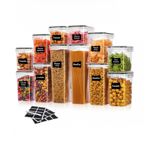 12pcs Airtight Food Storage Container With Lid, Plastic Food Storage Room Organization And Storage Without Bisphenol A,Food Cans For Grains,Pasta, Flour, Sugar,Labeled, Marked,Plastic Food Storage Can