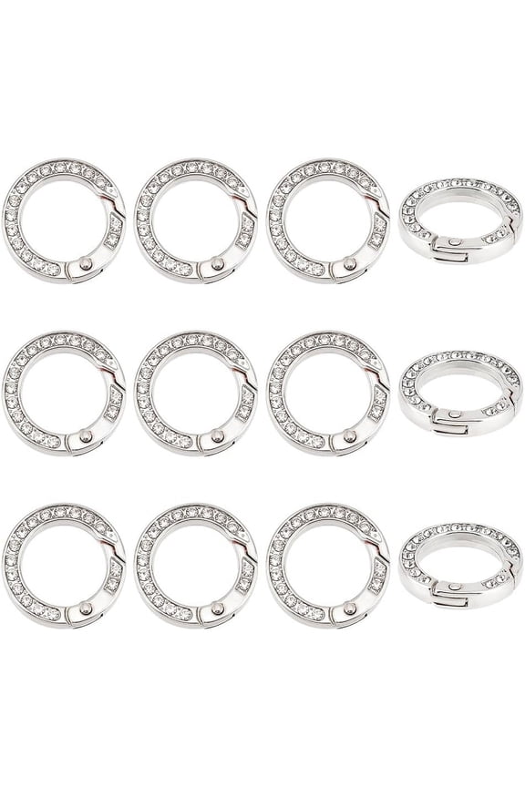 12pcs Alloy Spring Gate Rings with Rhinestone - Platinum - DIY Jewelry Making for DIY handcrafting